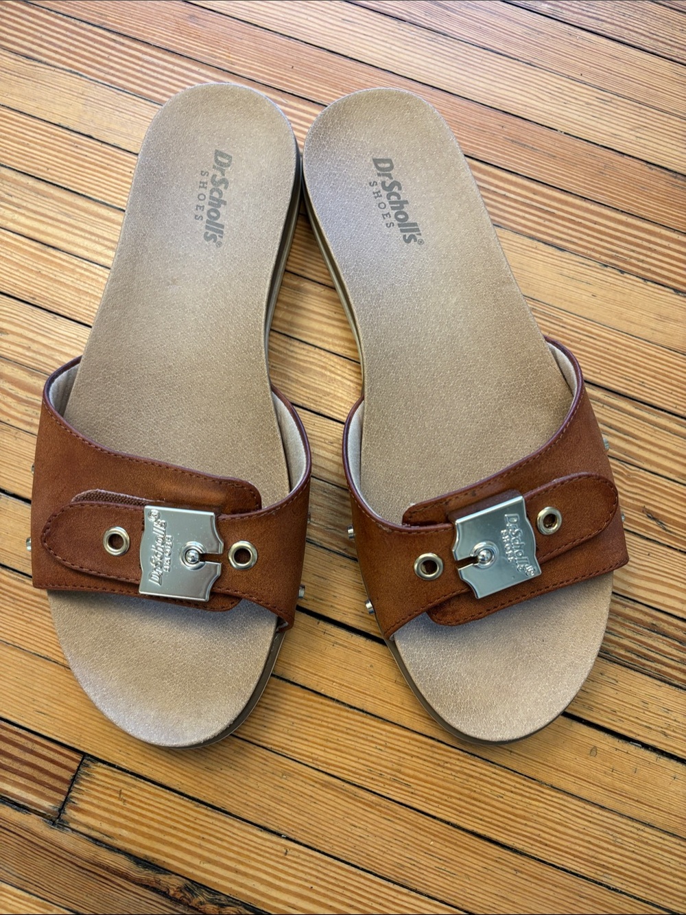Dr. Scholl's Brown Leather Slide Sandals with Silver Hardware